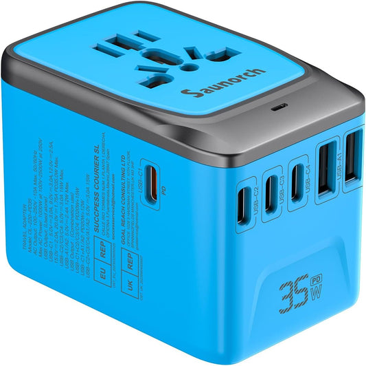 Universal Travel Adapter, PD 35W 7 in 1 International Power Plug Adapter with 7.0A 4 USB-C and 2 USB-A Fast Wall Charger, Worldwide AC Outlet for US Europe UK AUS Asia - Blue